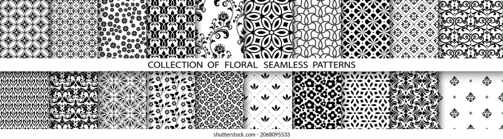 Geometric floral set of seamless patterns. Black and white vector backgrounds. Simple illustrations
