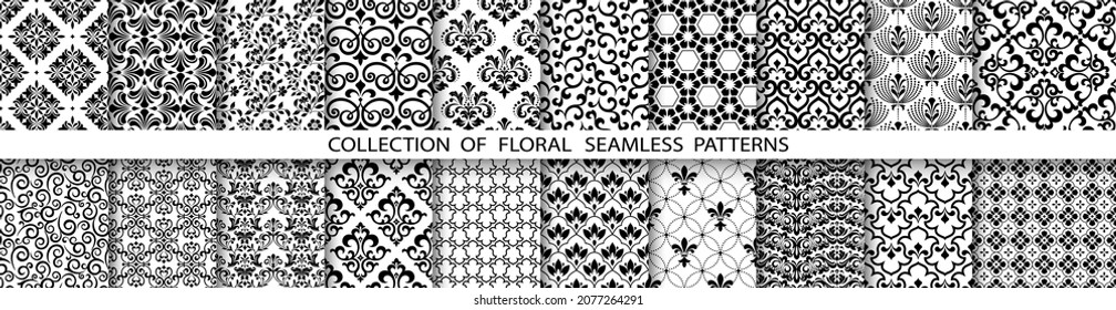 Conjunto floral geométrico de patrones sin soldadura. Antecedentes vectoriales en blanco y negro. Ilustraciones simples