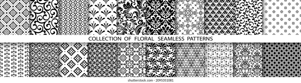 Geometrisches Blumenmuster aus nahtlosen Mustern. Schwarz-Weiß-Vektorhintergründe. Einfache Illustrationen