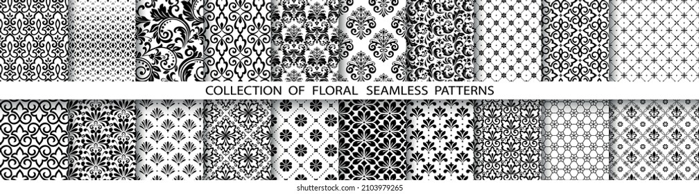Geometrisches Blumenmuster aus nahtlosen Mustern. Schwarz-Weiß-Vektorhintergründe. Einfache Illustrationen
