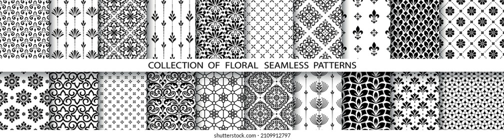 Conjunto floral geométrico de patrones sin soldadura. Antecedentes vectoriales en blanco y negro. Ilustraciones simples