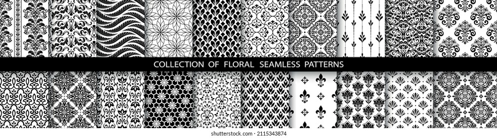 Geometric floral set of seamless patterns. Black and white vector backgrounds. Simple illustrations