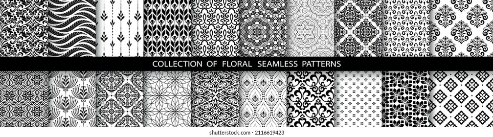 Geometric floral set of seamless patterns. Black and white vector backgrounds. Simple illustrations