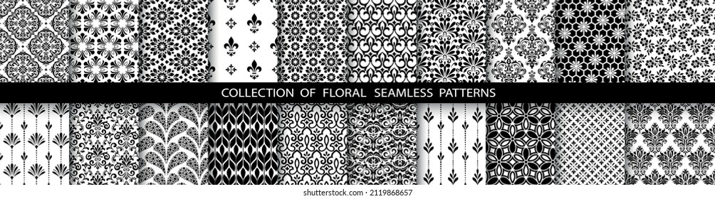 Conjunto floral geométrico de patrones sin soldadura. Antecedentes vectoriales en blanco y negro. Ilustraciones simples