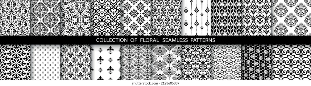 Geometric floral set of seamless patterns. Black and white vector backgrounds. Simple illustrations