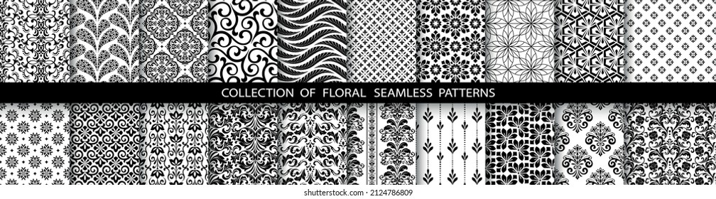 Geometric floral set of seamless patterns. Black and white vector backgrounds. Simple illustrations
