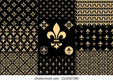 Geometric floral set of seamless patterns. Gold and black vector backgrounds. Simple illustrations