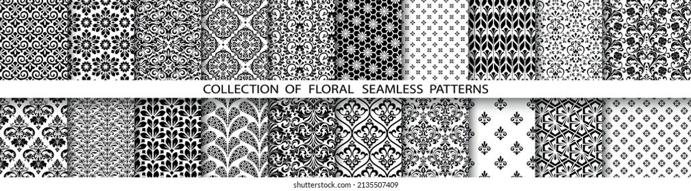 Geometric floral set of seamless patterns. White and black vector backgrounds. Simple illustrations.