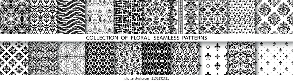 Geometric floral set of seamless patterns. White and black vector backgrounds. Simple illustrations.