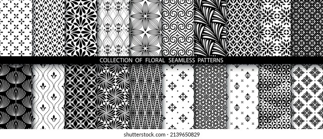 Geometric floral set of seamless patterns. White and black vector backgrounds. Simple illustrations.