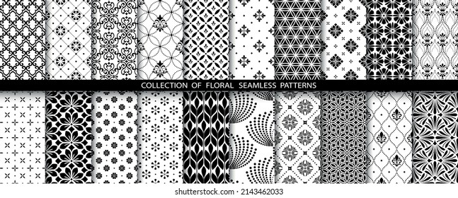 Geometric floral set of seamless patterns. White and black vector backgrounds. Simple illustrations.