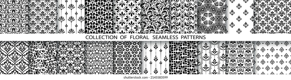 Geometrisches Blumenmuster aus nahtlosen Mustern. Weiße und schwarze Vektorhintergründe. Einfache Illustrationen.