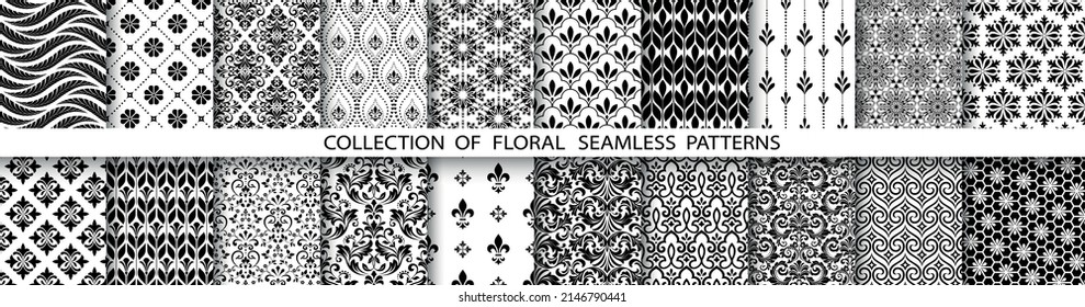 Geometric floral set of seamless patterns. White and black vector backgrounds. Simple illustrations.