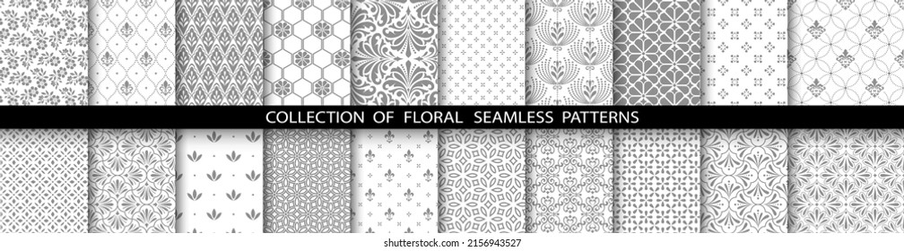 Geometric floral set of seamless patterns. White and gray vector backgrounds. Simple illustrations