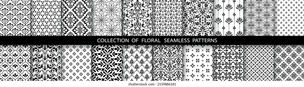 Geometrisches Blumenmuster aus nahtlosen Mustern. Weiße und schwarze Vektorhintergründe. Einfache Illustrationen.