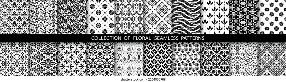 Conjunto floral geométrico de patrones sin soldadura. Antecedentes vectoriales blancos y negros. Ilustraciones simples.