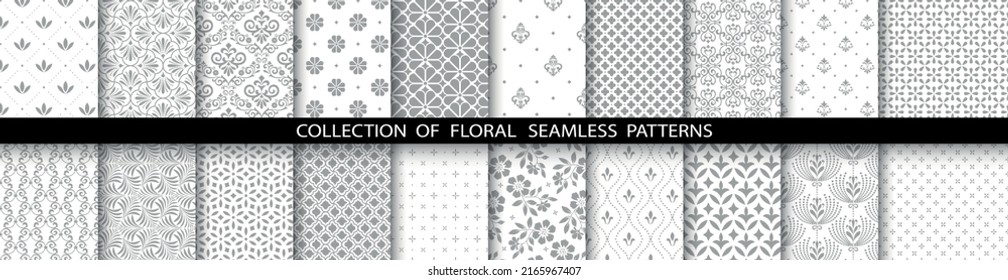 Geometric floral set of seamless patterns. White and gray vector backgrounds. Simple illustrations