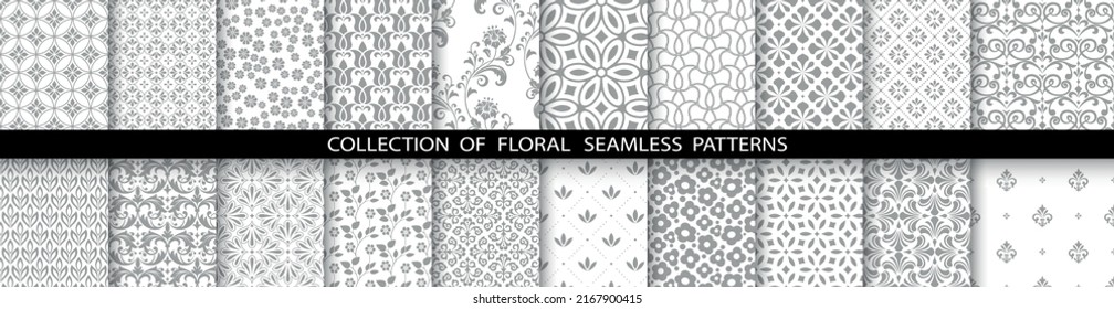 Geometric floral set of seamless patterns. White and gray vector backgrounds. Simple illustrations