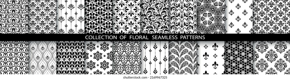 Geometric floral set of seamless patterns. White and black vector backgrounds. Simple illustrations.