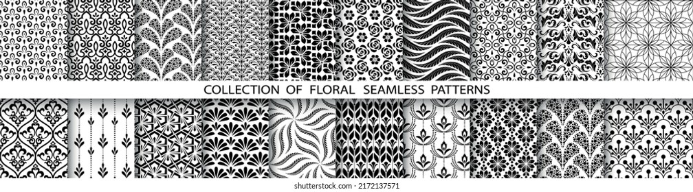 Geometric floral set of seamless patterns. White and black vector backgrounds. Simple illustrations.