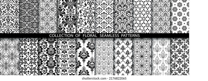 Geometric floral set of seamless patterns. White and black vector backgrounds. Simple illustrations.