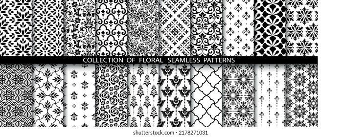 Conjunto floral geométrico de patrones sin soldadura. Antecedentes vectoriales blancos y negros. Ilustraciones simples.