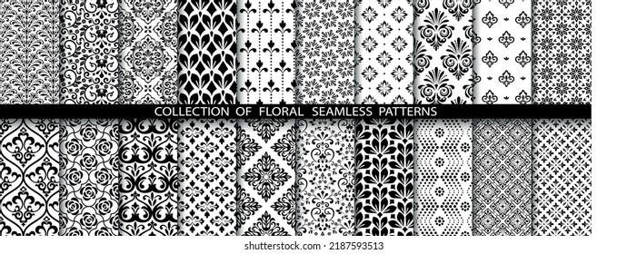 Geometrisches Blumenmuster aus nahtlosen Mustern. Weiße und schwarze Vektorhintergründe. Einfache Illustrationen.