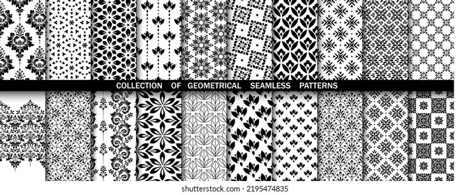 Conjunto floral geométrico de patrones sin soldadura. Antecedentes vectoriales blancos y negros. Ilustraciones simples.