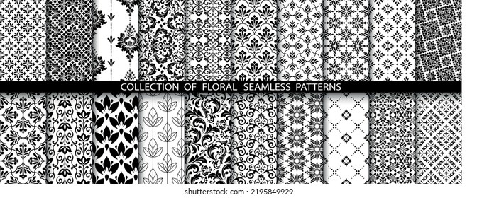 Geometrisches Blumenset nahtloser Muster. Weiße und schwarze Vektorhintergründe. Einfache Illustrationen.
