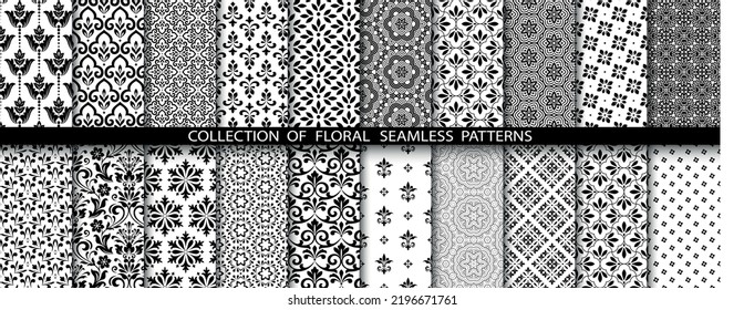 Conjunto floral geométrico de patrones sin soldadura. Antecedentes vectoriales blancos y negros. Ilustraciones simples.
