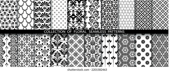 Geometric floral set of seamless patterns. White and black vector backgrounds. Simple illustrations.
