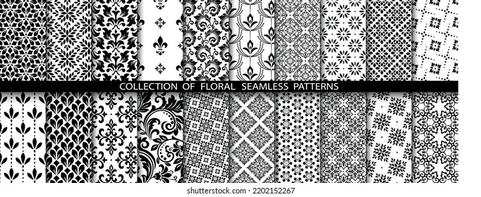 Geometric floral set of seamless patterns. White and black vector backgrounds. Simple illustrations.