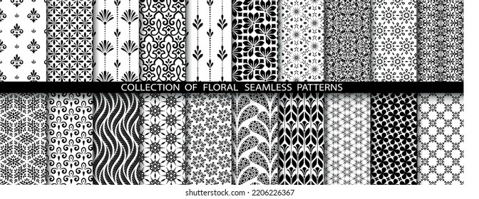 Geometric floral set of seamless patterns. White and black vector backgrounds. Simple illustrations.
