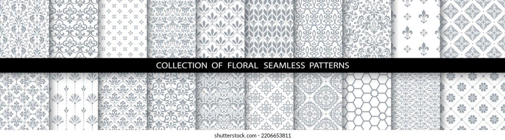 Geometric floral set of seamless patterns. White and gray vector backgrounds. Simple illustrations