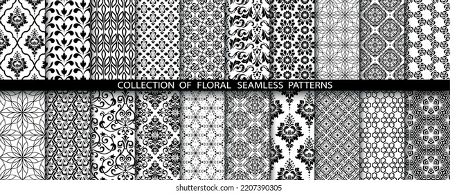 Conjunto floral geométrico de patrones sin soldadura. Antecedentes vectoriales blancos y negros. Ilustraciones simples.