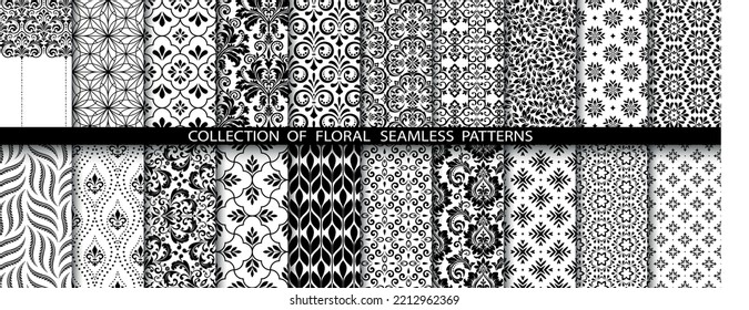 Conjunto floral geométrico de patrones sin soldadura. Antecedentes vectoriales blancos y negros. Ilustraciones simples.