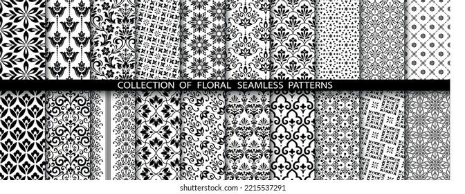 Conjunto floral geométrico de patrones sin soldadura. Antecedentes vectoriales blancos y negros. Ilustraciones simples.