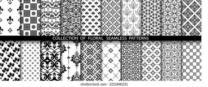 Geometric floral set of seamless patterns. White and black vector backgrounds. Simple illustrations.