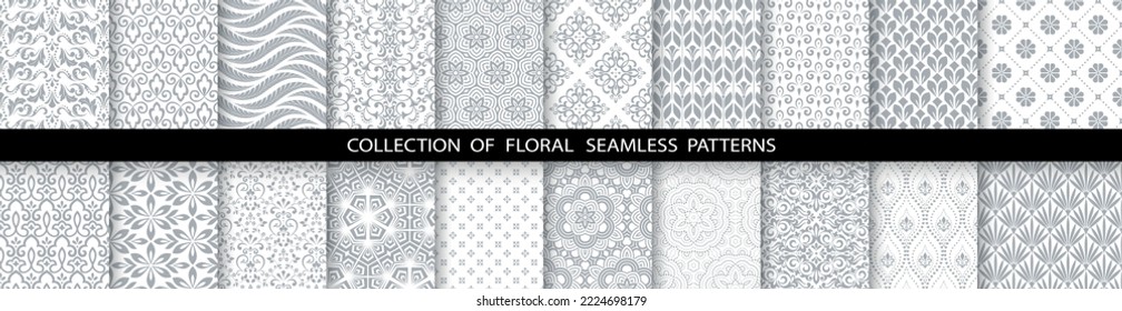 Geometric floral set of seamless patterns. White and gray vector backgrounds. Simple illustrations