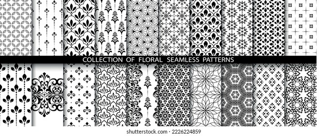 Geometrisches Blumenset nahtloser Muster. Weiße und schwarze Vektorhintergründe. Einfache Illustrationen.
