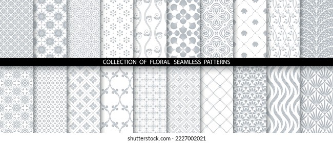 Geometric floral set of seamless patterns. White and gray vector backgrounds. Simple illustrations.