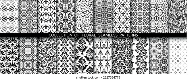 Geometric floral set of seamless patterns. White and black vector backgrounds. Simple illustrations.