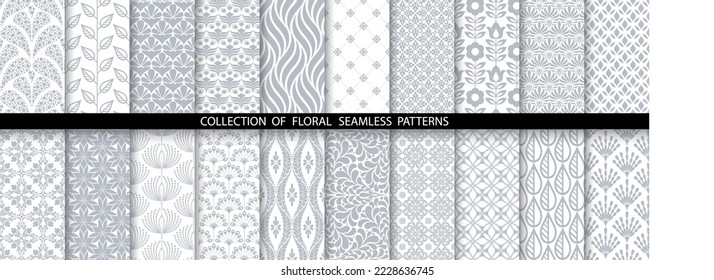 Geometric floral set of seamless patterns. White and gray vector backgrounds. Simple illustrations