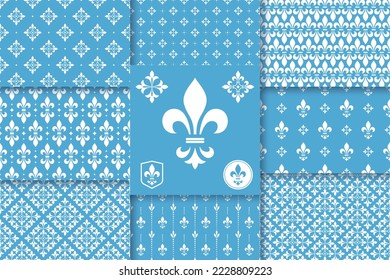 Geometric floral set of seamless patterns. White and blue vector backgrounds. Simple illustrations