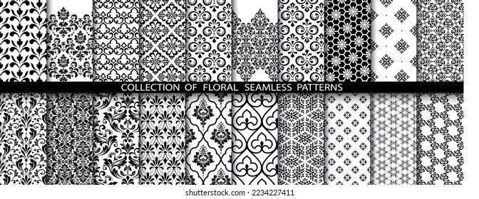 Geometric floral set of seamless patterns. White and black vector backgrounds. Simple illustrations.