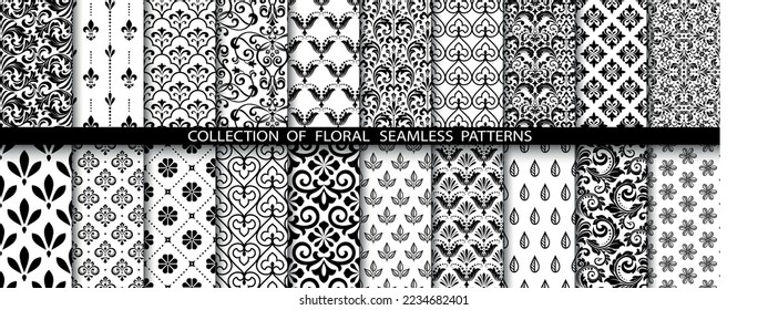 Geometric floral set of seamless patterns. White and black vector backgrounds. Simple illustrations.