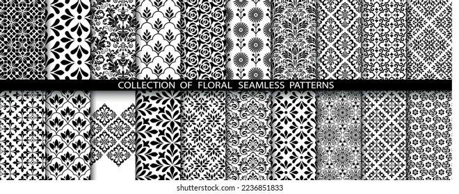 Geometric floral set of seamless patterns. White and black vector backgrounds. Damask graphic ornaments.