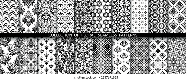 Geometric floral set of seamless patterns. White and black vector backgrounds. Damask graphic ornaments.