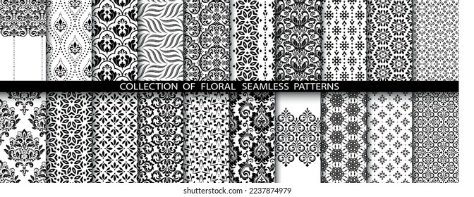 Conjunto floral geométrico de patrones sin soldadura. Antecedentes vectoriales blancos y negros. Ornamentos gráficos Damask.