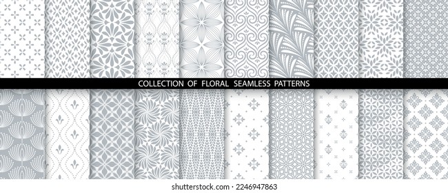 Geometric floral set of seamless patterns. White and gray vector backgrounds. Damask graphic ornaments